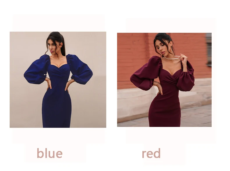 Sexy V-neck Women Dress Elegant Puff Long Sleeve Party Night Dress Ladies Bodycon Fall Long Sleeve Midi Dresses Women Clothing