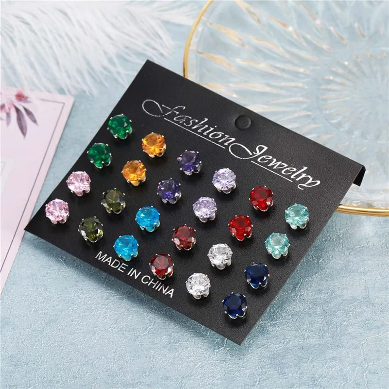 12 пар/уп. AAA CZ Блестящий Свадебный Комплект сережек для женщин мужчин 8 мм Разноцветные Хрустальные Драгоценности аксессуары серьги Oorbellen