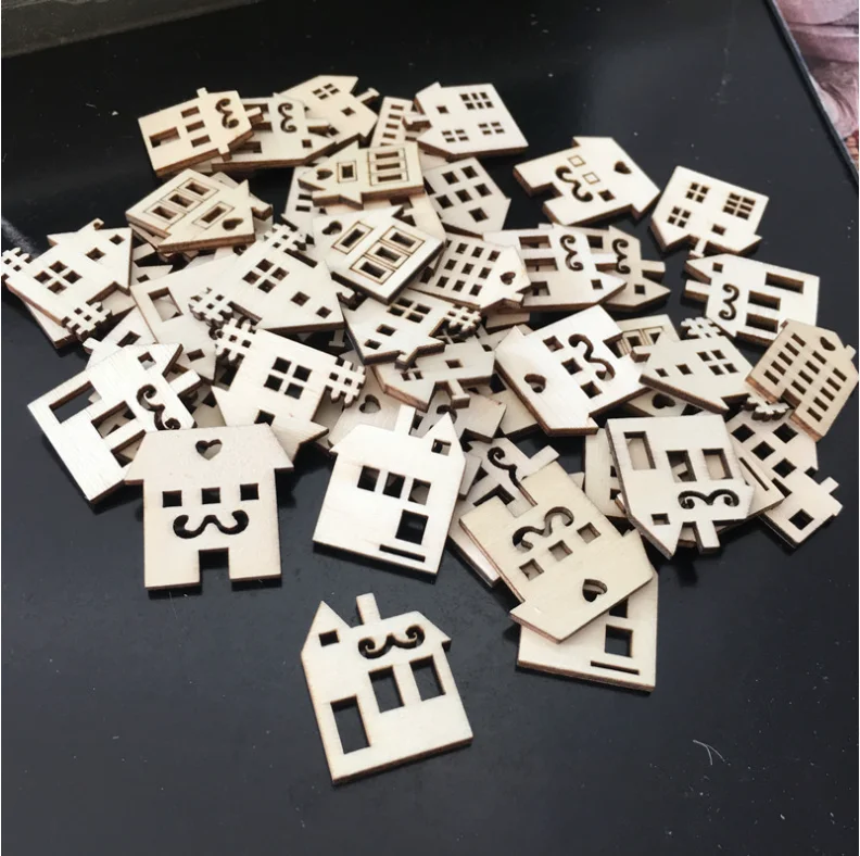 Description Picture 2 of item50PCS 30mm Wooden House Shaped Embellishments Hanging Ornaments Unfinished Wood Cutouts Ornaments for Christmas Crafts Decor