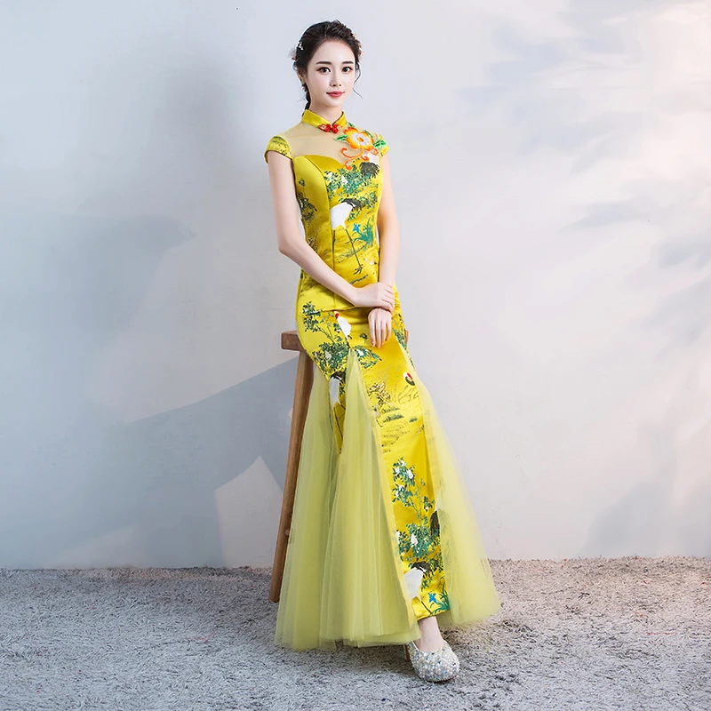 Желтый Русалка Вышивка Cheongsam современные Chinoise вечерние платья пикантный халат Qi Pao женское китайское вечернее китайское платье-Ципао