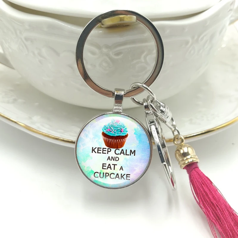 Лидер продаж! Новинка 2019 кольцо для ключей с надписью Keep Calm and Eat A Cake Glass подвеска
