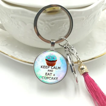 

Hot! 2019 New Key Ring Keep Calm and Eat A Cupcake Glass Cabochon Pendant Keychain Tassel Hanging Jewelry