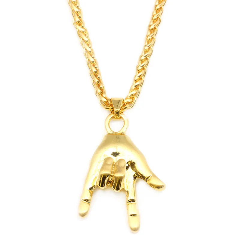 I Love You Gesture Hand Sign Pendant Chain Necklace Women Men Hip Hop Jewelry Alloy Gold Long Chain Statement Pendant Jewelry