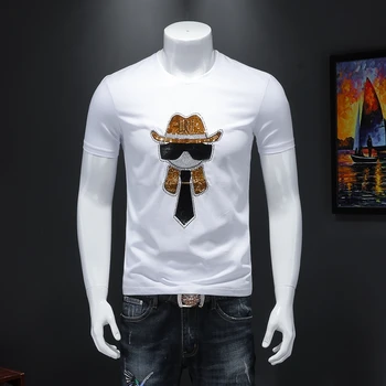 

2020 Summer T-Shirt Men Fashions Quality Mercerized Cotton Personalized Bead Embroidered White Short Sleeve Tee Tops