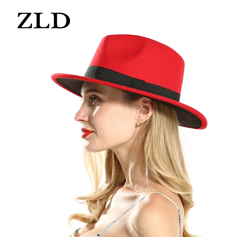ZLD зима осень Имитация шерсти для женщин дамы Fedoras Топ красный и черный Сращивание