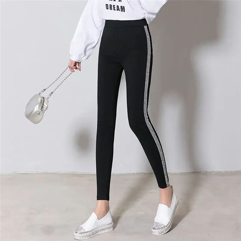 

Women Slim Casual Pants Side Silver Stripes Trousers Autumn Winter Velvet Slim Leggings Rk