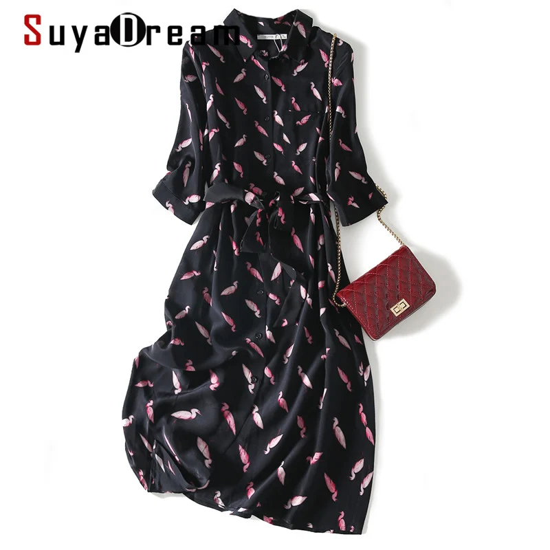 SuyaDream Woman Silk Midi Dress 100%Silk Crepe