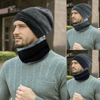

Men Warm Beanie Winter Thicken Knit Windproof Cap Hat And Scarf Two-Piece Set reusable face-mask Fashion Mouth Face Scarf