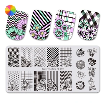 

BEAUTYBIGBANG XL-50 Flower Grid Plaid Geometric Image Print Stencil Nail Template Rectangle Nail Stamping Plates