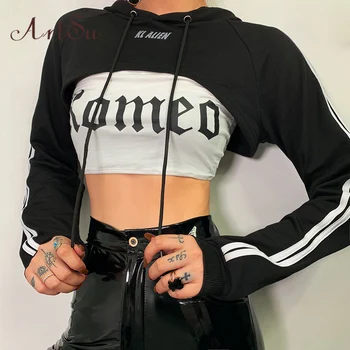 

ArtSu Fall Clothing Crop Top Women Black Hooded hoodies sweatshirts Long Sleeve hoody ladies Reflective Streetwear ASHO20362