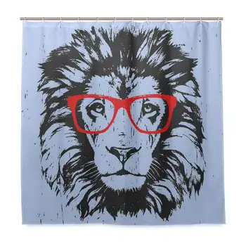 

Unique Shower Curtain Animal Lion and Hipster Glasses Print Eco-Friendly with 12 Hooks in Bathroom W72 xH79