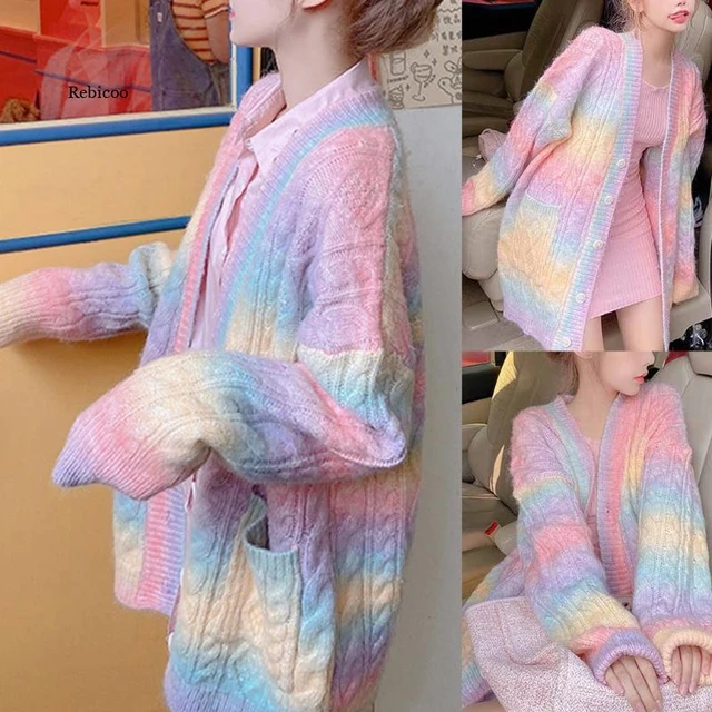 Pastel Rainbow Cropped Sweater Cardigan Kawaii Fashion Aesthetic