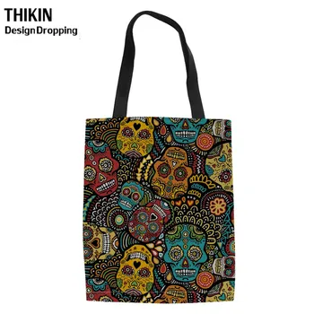 

THIKIN Fashion Women Sugar Skull Printing Heavy Duty Shopping Bag Ladies Canvas Tote Large Reusable Females Foldable Eco Bag