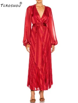 

Retro V-neck Lantern Sleeve Geometric Pattern Lace-up Waist Pleated Dress Ladies' Fall New Style Loose Large Swing Free Shipping