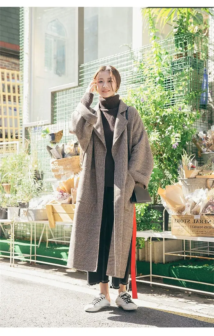 New Autumn Long Women Wool Coat Lapel Fashion Belt Slim Female Elegant Vintage Jacket Overcoat For Office Ladies Plus Size f1512