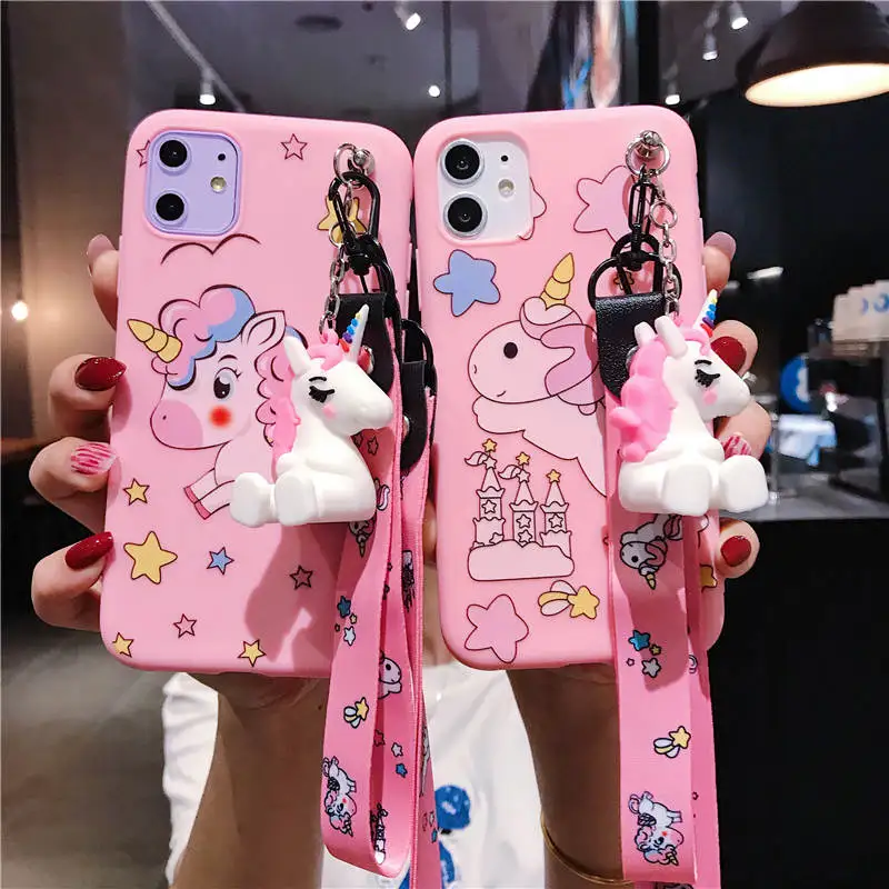 Милый розовый Силиконовый чехол для телефона с ремешком в виде единорога iphone 6 7 8