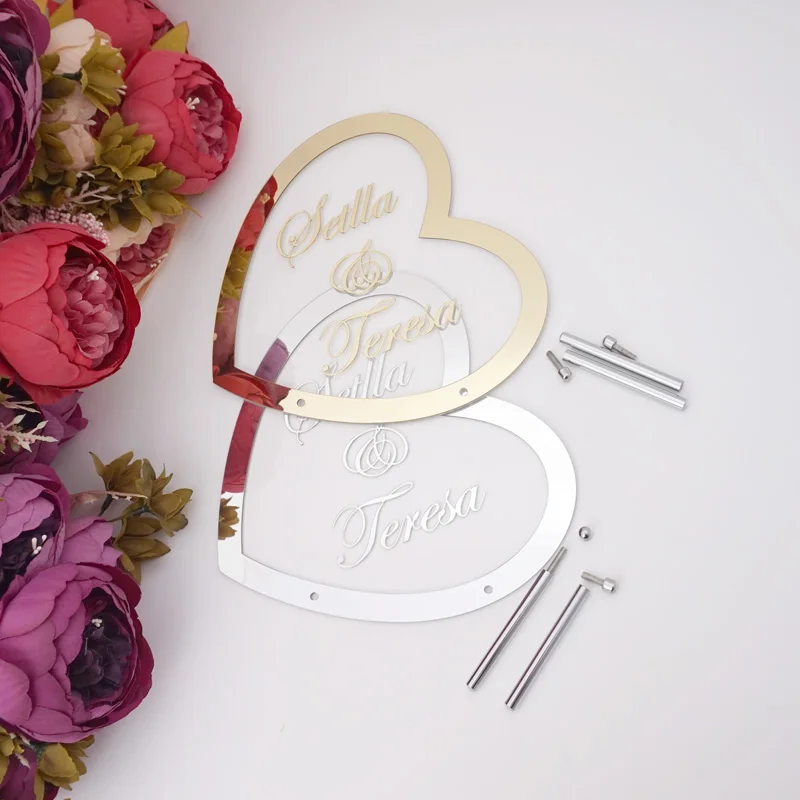 Heart Shape Name Wedding Decoration Acrylic Mirror Frame Welcome Word Sign Party Decor With Nail Guests Favor Gift