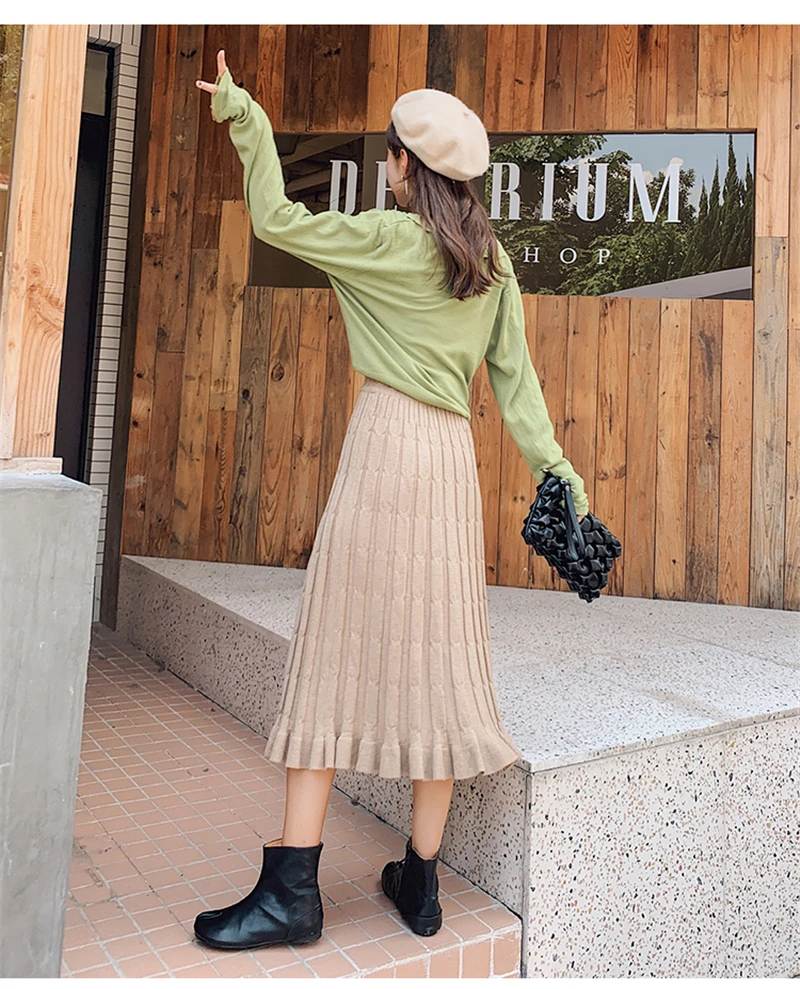 BGTEEVER Autumn Winter Cable Twist Women Knitted Skirts Thick Warm Midi Skirt Elastic Band High Waist Tulle Skirt for Women