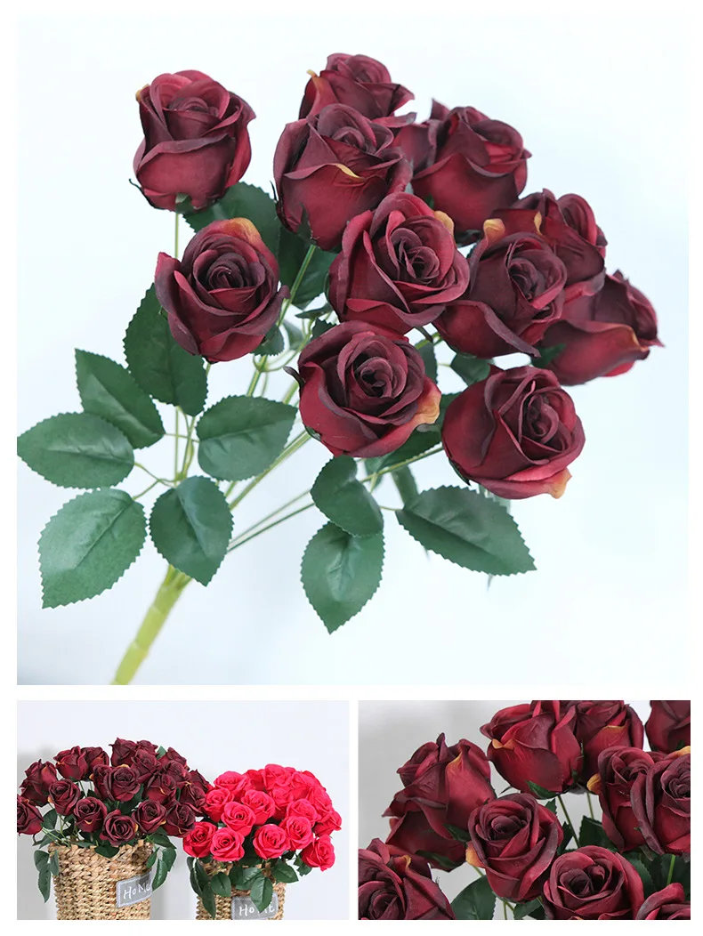 JAROWN 12 Heads Silk Roses Bride Holding Flowers Royal Blue Fake Rose Flowers Home Wedding Arch Table Decor Artificial Flower (48)