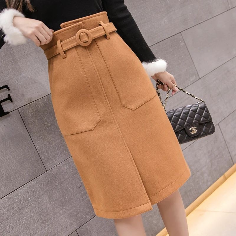 

Autumn Winter Women Elegant Woolen Thick Sheath Midi Skirts with Pocket Sashes Knee-Length Formal Split Pencil Wrap Skirts
