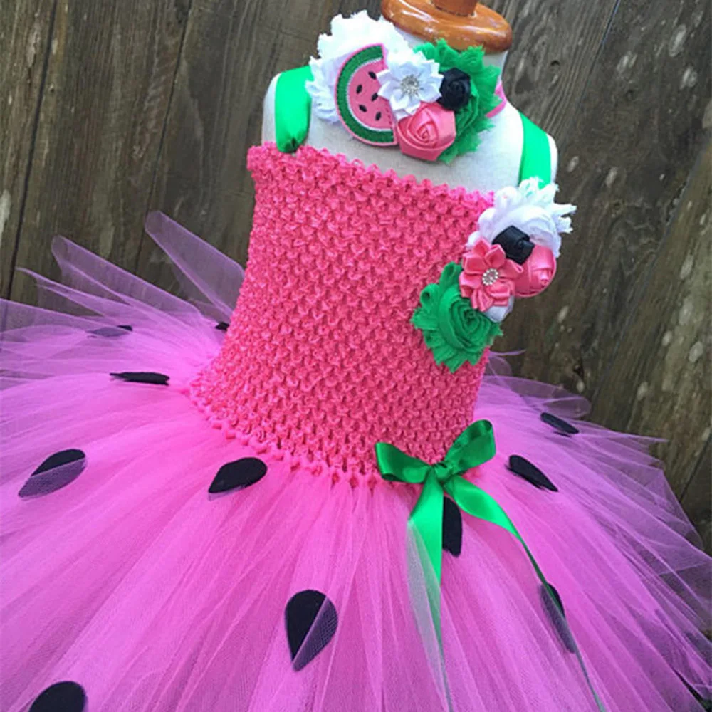 Милый костюм арбуза на Хэллоуин для девочек, летняя одежда для маленьких девочек детское праздничное платье-пачка в черный горошек с бантом в виде цветка и арбуза