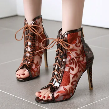 

Chinese Style Embroider Ankle Boots for Women Summer Breathable Peep Toe Mesh Boots Elegant Floral Thin High Heels Ladies Shoes