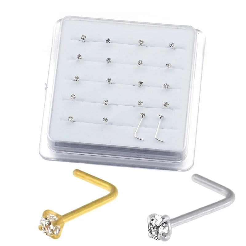 20PCS/Box Sterling L Shape Nose Stud Ring 2mm Clear Crystal Nose Piercing Body Jewelry nose piercings