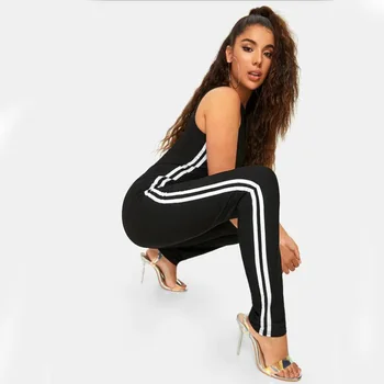 

2020 Women's Sexy stripe Jumpsuit Round neck vest Sleeve Sport Jumpsuit Casual One Piece Zip Jumpsuit Jumpsuit combinaison femme