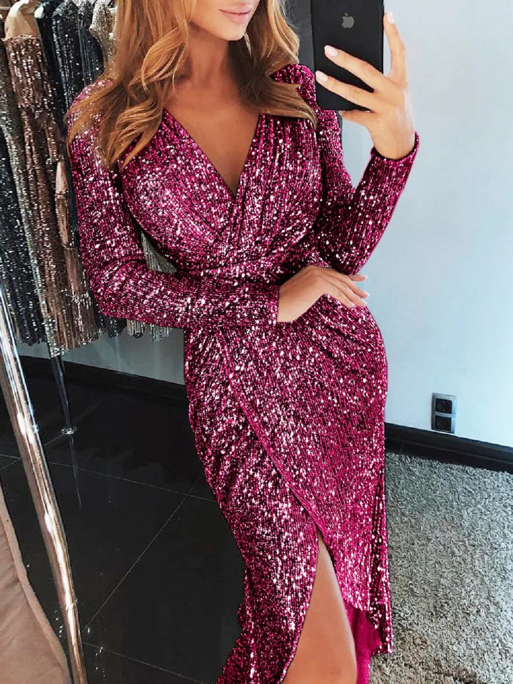 New Fashion Sexy Women Long Sleeve V Neck Glitter Sequin Evening Club Ball Gown Split Wrap Dress Bodycon Party Maxi Slim Dress