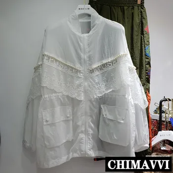 

2020 Summer New Solid Color Pearl Beaded Crochet Hollow Lace Mid-Length Sunscreen Jacket Female Oversized Zip Jacket Thin Coat