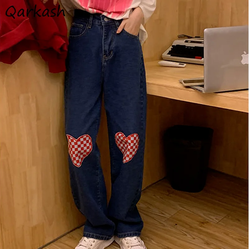 

Jeans Women All-match Blue Patch Designs Korean Style Pockets Baggy Teens Full Length Fashion Autumn 2021 Denim High Waist Chic