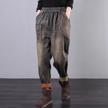 Зимние джинсы, Ретро стиль, женские, большие размеры, плотные, флисовые, теплые, джинсовые штаны для девушек, новинка, эластичные, с поясом, отбеленные брюки, подходящие для любого размера