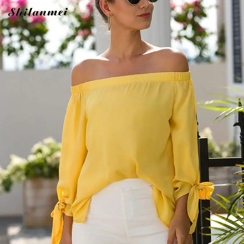 Blusas amarillas con hombros descubiertos para Mujer, holgados a la moda, camisas de manga para primavera y otoño, Sexy para Mujer 2019 - AliExpress Ropa de mujer