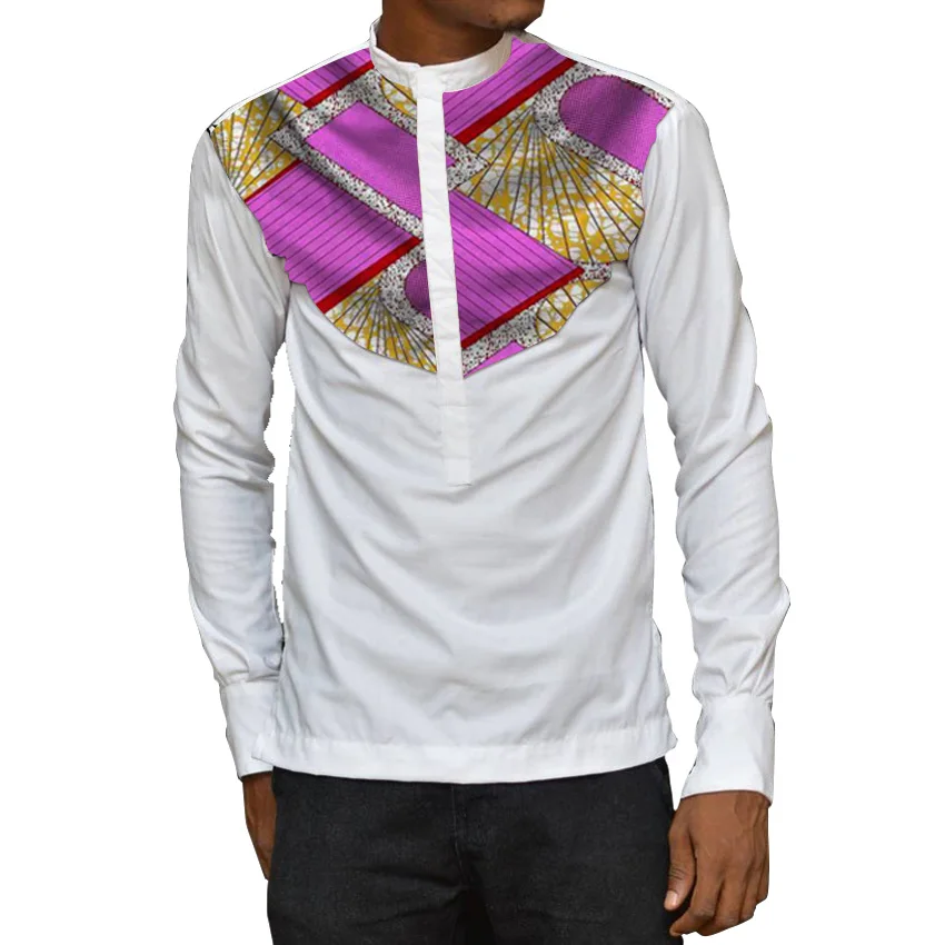 

African print shirts men Ankara long sleeve dashiki shirts white cotton and wax patchwork o-neck tops Africa clothing