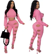 

WUHE Solid Active Women Set Hooded Mini Sweatshirt and Hole Pants Suit Sport Sweatsuit Tracksuit 2 Two Piece Set Fitness Outfit