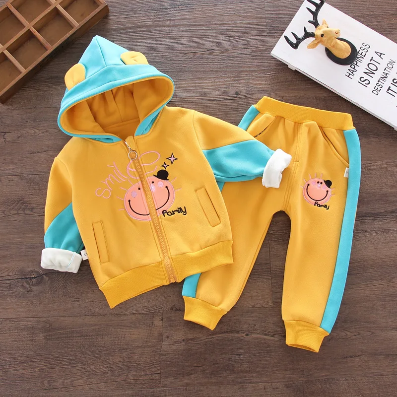 

Korean-style Childrenswear Autumn And Winter 2019 New Style Men And Women Children Smiley Brush Plush plus Velvet Two-Piece Set