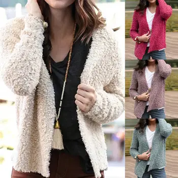 

Autumn Winter Fashion Solid Color Women Warm Long Sleeve Open Front Plush Cardigan Coat All-match Warm Office Women's Cardigan