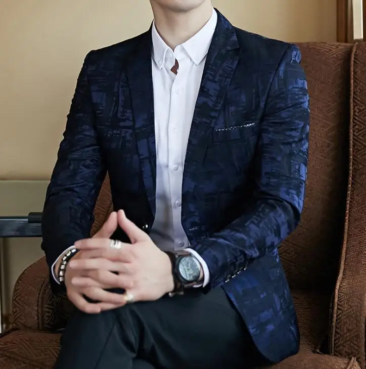 Youth slim casual print suits men blazer masculino slim fit casaco jaqueta masculina coats mens jacket spring - Цвет: Тёмно-синий
