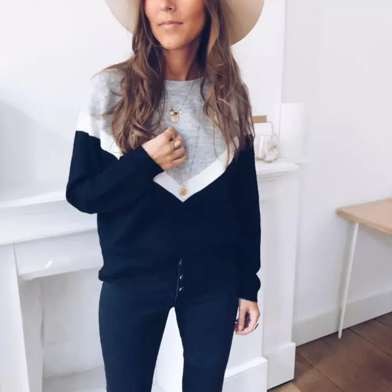 

Casual Gray Sweater Womens Patchwork Long Sleeve Crew Neck Pullover Casual Loose Sweater Ladies 2019 Autumn Warm Tops Sweater