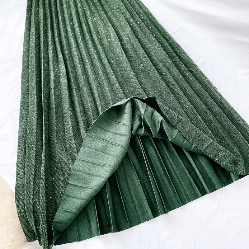Ohryiyie корейские блестящие бархатные юбки женские осень зима Высокая талия Женская плиссированная юбка зеленая серая элегантная Длинная Юбка Femme