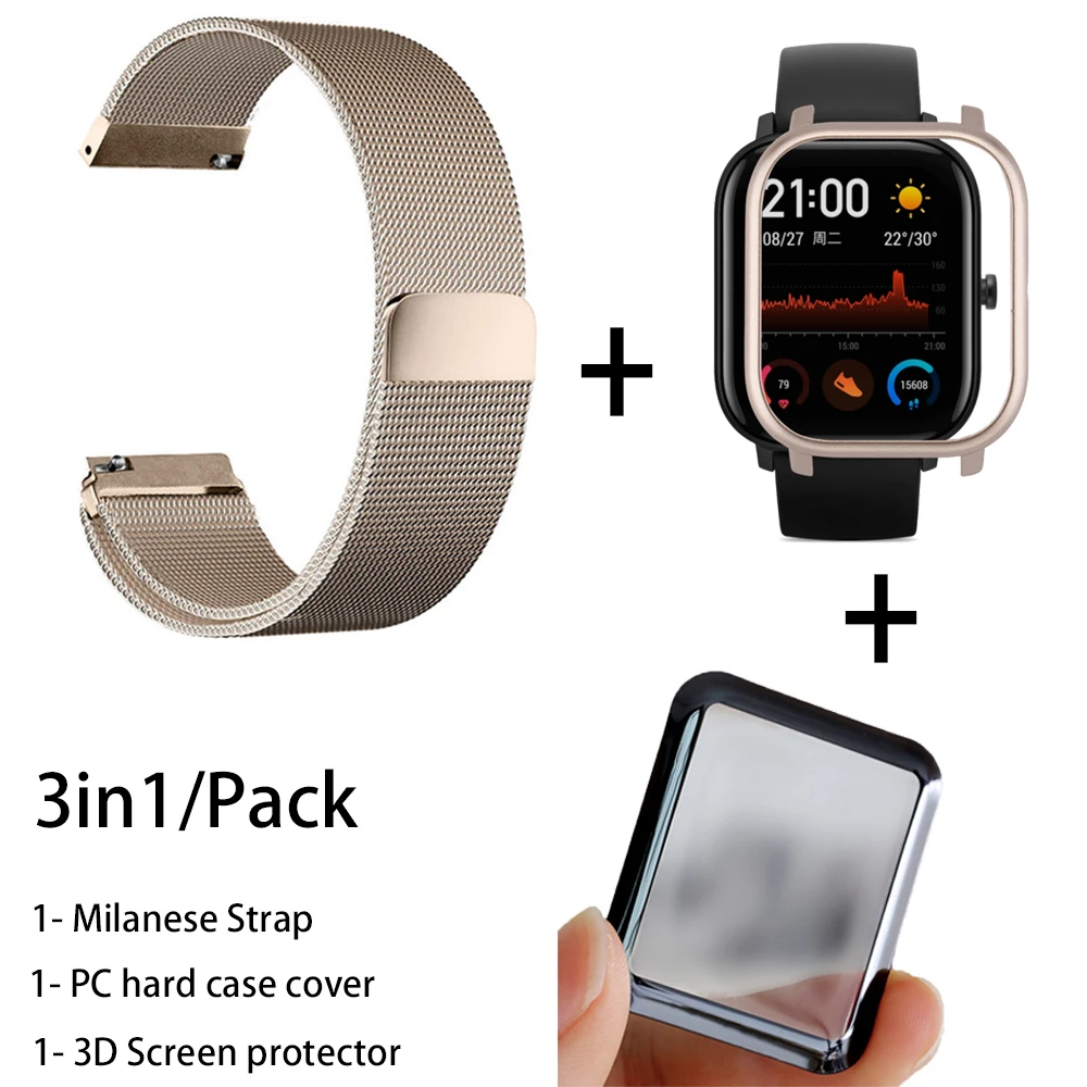 3в1 металлический Миланский ремешок для Xiaomi Amazfit GTS чехол металлический браслет для Huami Amazfit GTS Band 3D Защитная пленка для экрана - Цвет: champagne-champagne