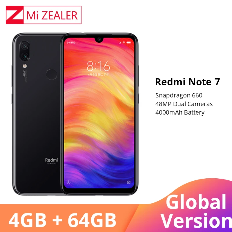 Продажа Мобильный телефон Xiaomi Redmi Note 7 с глобальной версией, 4 гб, 64 гб, восьмиядерный процессор Snapdragon 660, 4000 ма ч, 6,3 мп, 5 мп, две камеры, дюйма, полный экр...
