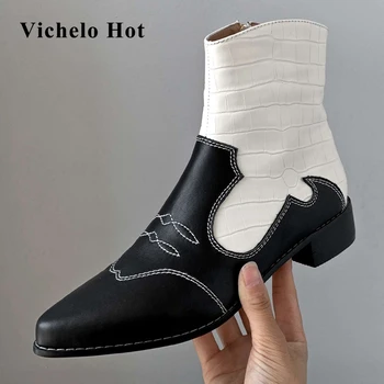 

Vichelo Hot European style mixed colors natural leather pointed toe med heel mature lady fashion streetwear mid-calf boots L86