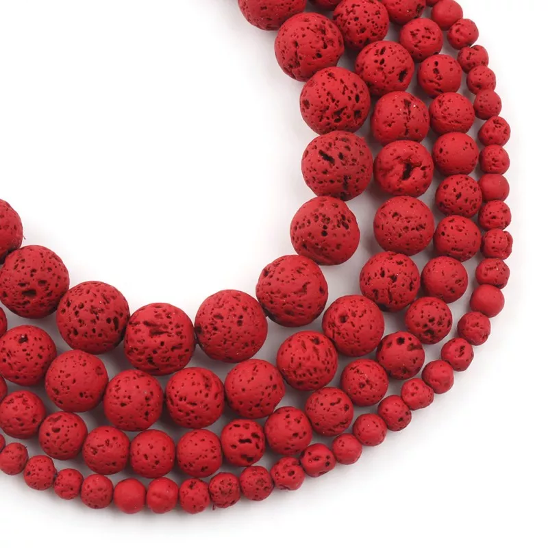 Perles Rondes en Pierre Volcanique, Hématite de Lave Naturelle, Rouge Chaud, Espacement pour Bijoux de 4, 6, 8, 10mm, Bracelet à Breloques, DIY