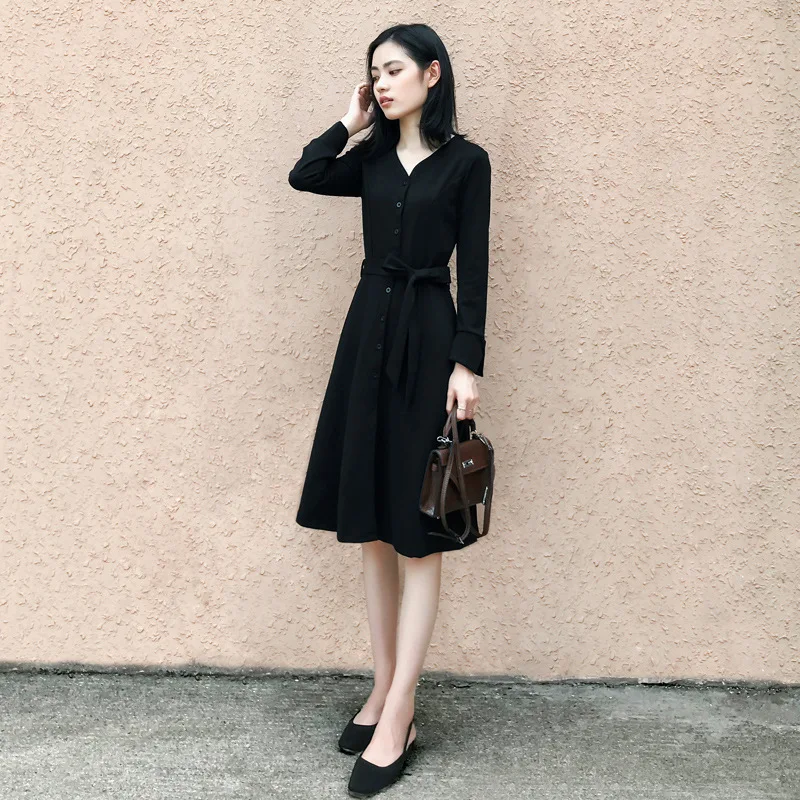 

Black And White with Pattern Dress 2018 Autumn Clothing New Style WOMEN'S Dress Korean-style Slimming Mid-length V-neck A- line