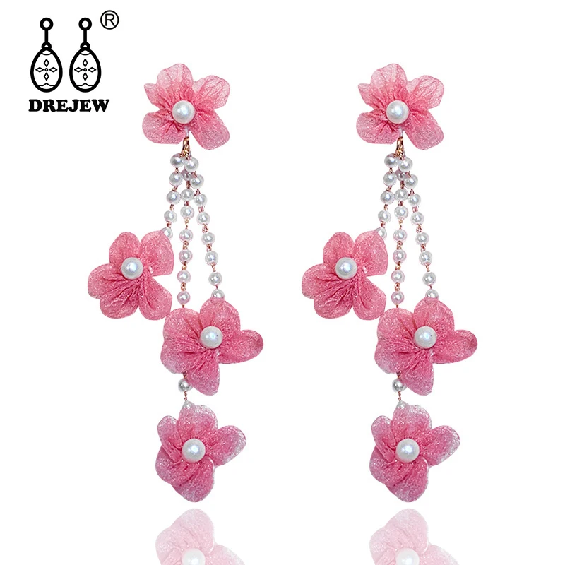 

DREJEW Pink White Flowers With Rhinestone Pearl Statement Earrings Tassel Crystal Drop Earrings for Women Wedding Jewelry HE3801