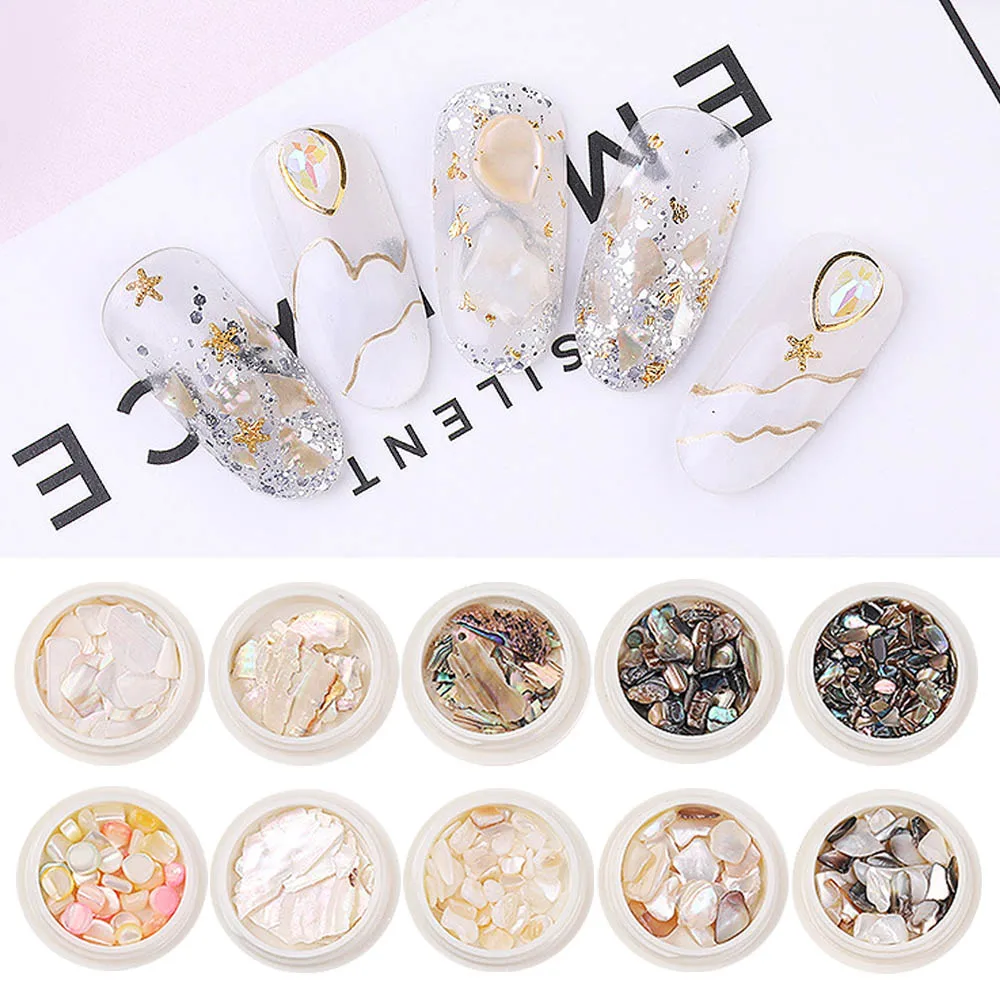 

10 Boxes Nail Art Shells Nail Art Decorations 3D Abalone Shell Irregular UV Gel Flake Slider Nails Shimmer Pearl DIY Nails Decor