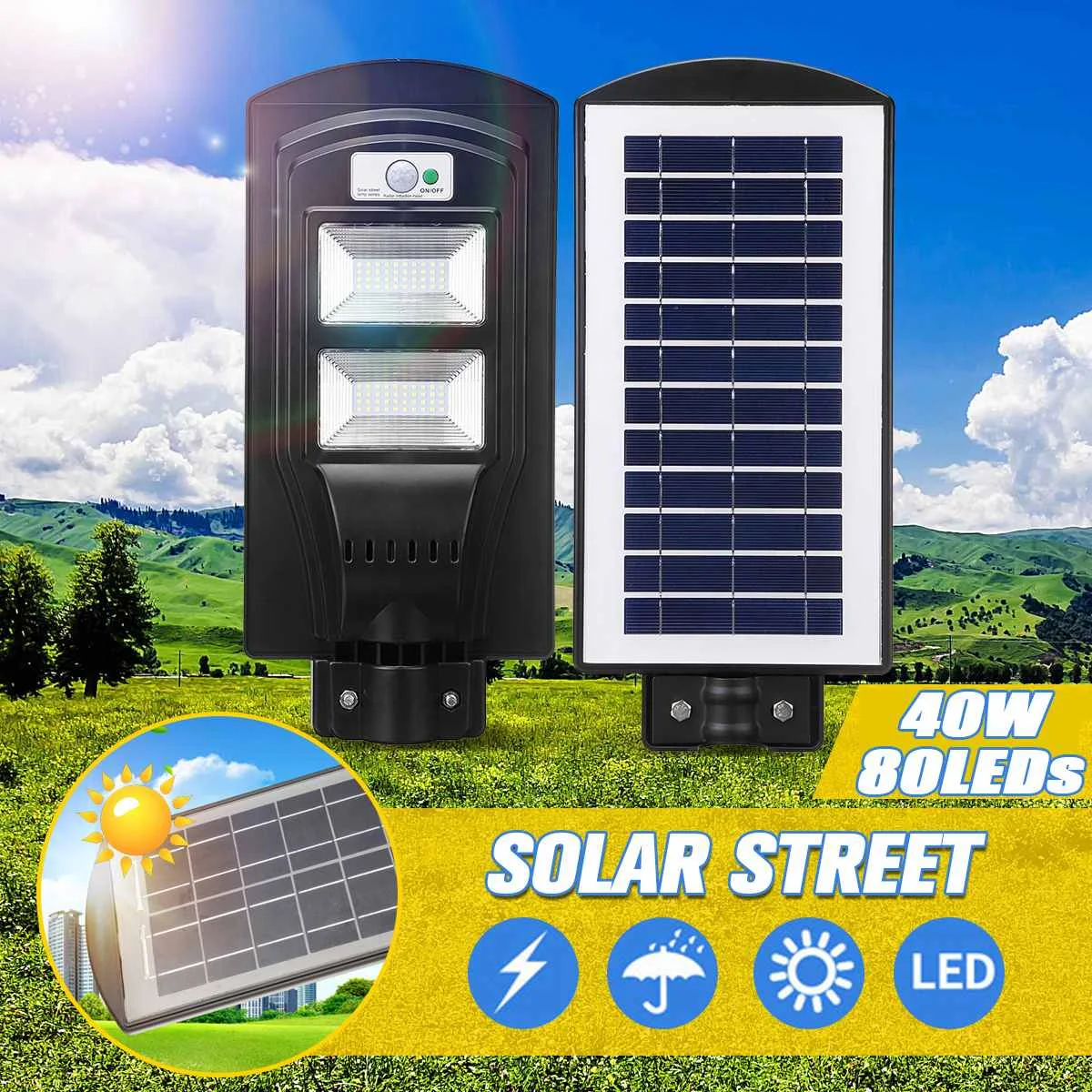 

80 LED 40W Wall Lamp IP65 Solar Street Light R adar motion 2 In 1 Constantly bright & Induction Solar Sensor Remote Control