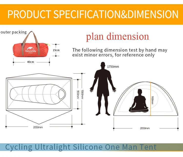 Рюкзак для велоспорта, Сверхлегкий тент для 1 человека, naturehike, палатки для семьи, вечерние, Сверхлегкий тент