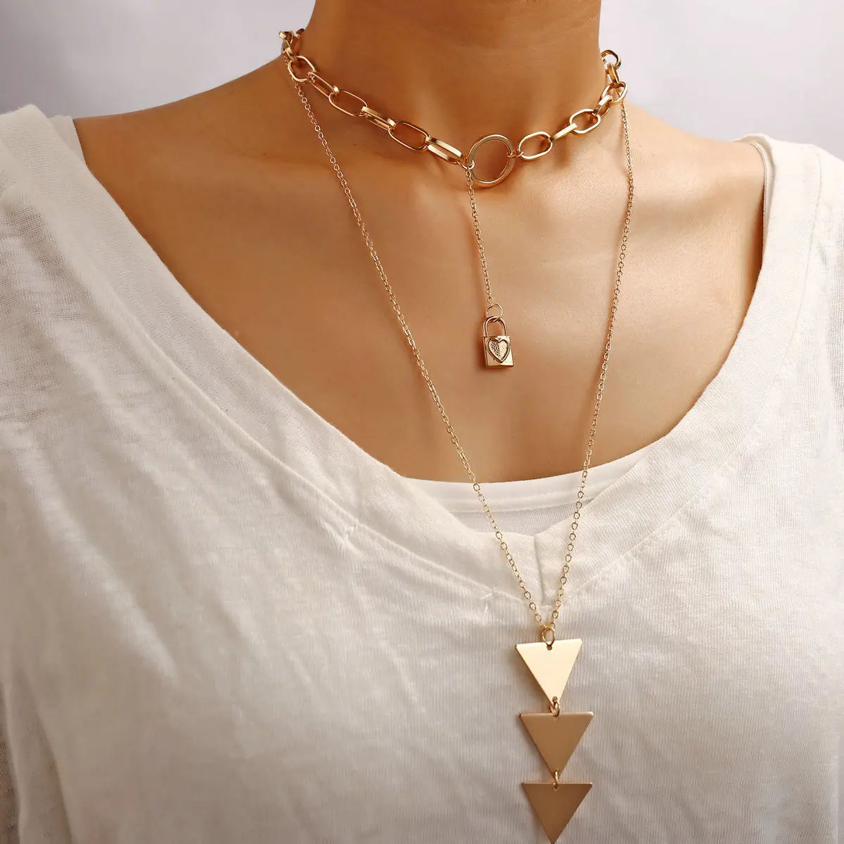 

Vintage simple temperament sweater chain Necklace new European and American key lock Triangle Pendant multi-layer Necklace
